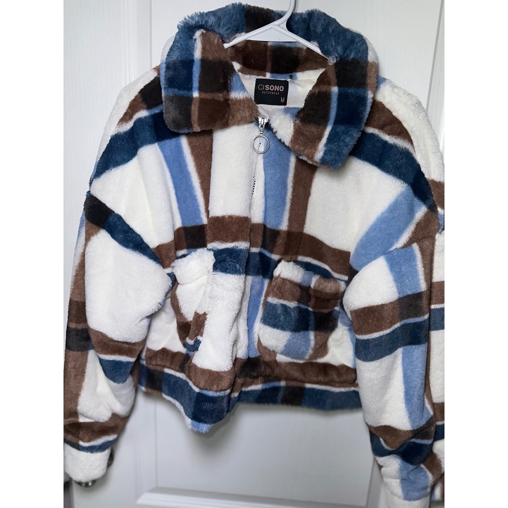 Ci Sono women's Plaid Fleece Pajama Jacket - Blue, Brown & White